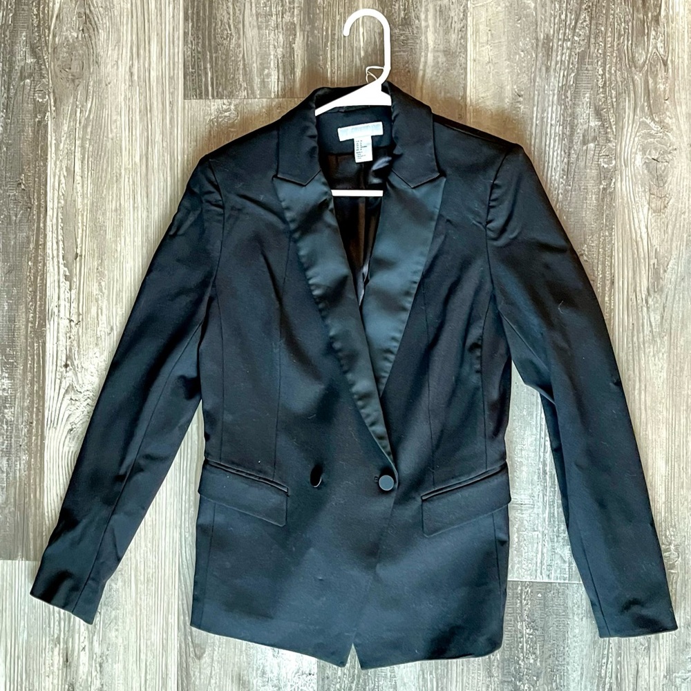 Black tuxedo jacket. Longer jacket with satin trim. So cute paired with jeans